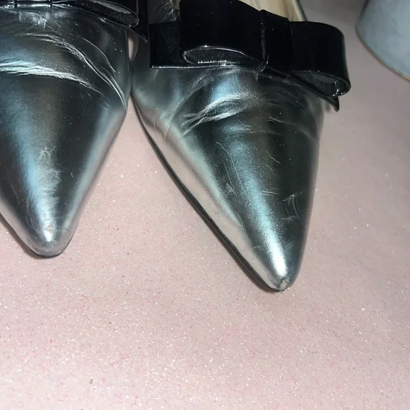 Prada patten silver leather kitten heels with black leather bow size 6.5 US - Picture 5 of 14